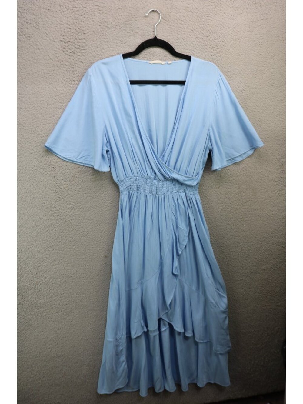 Kormei Blue Ruffle Wrap Dress-Size Large-Cottagecore-Minimalist-Flutter Sleeves